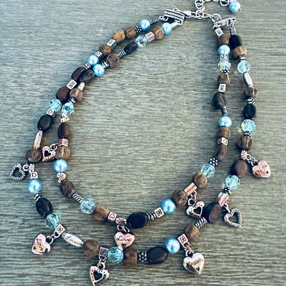 Brighton Retired Love Hearts Wood Pearl Beaded Charm Necklace